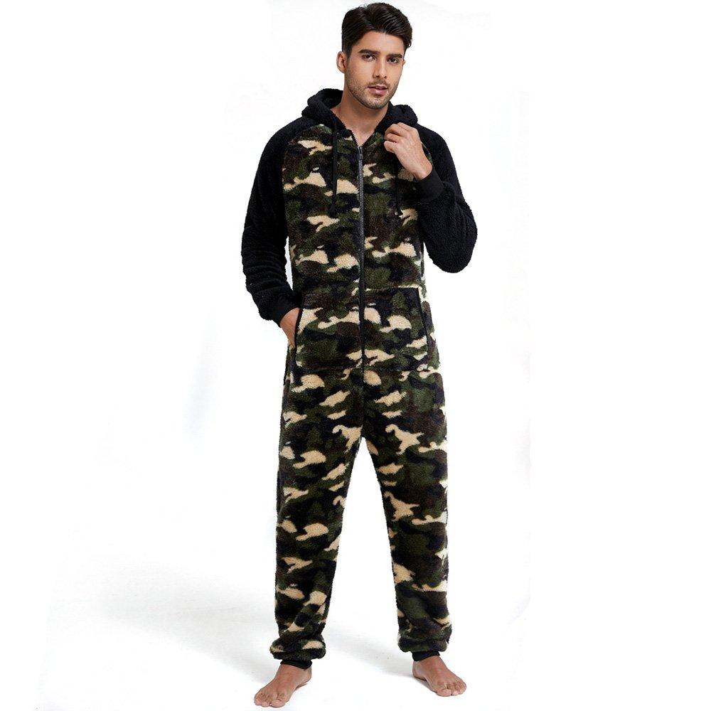 BuyMen's Christmas Pajamas Hooded Thick Double Side Fleece Camouflage Zipper Jumpsuit Home Wear Now Cheaper With 3 - 5 Days Ship - PajamasBuy