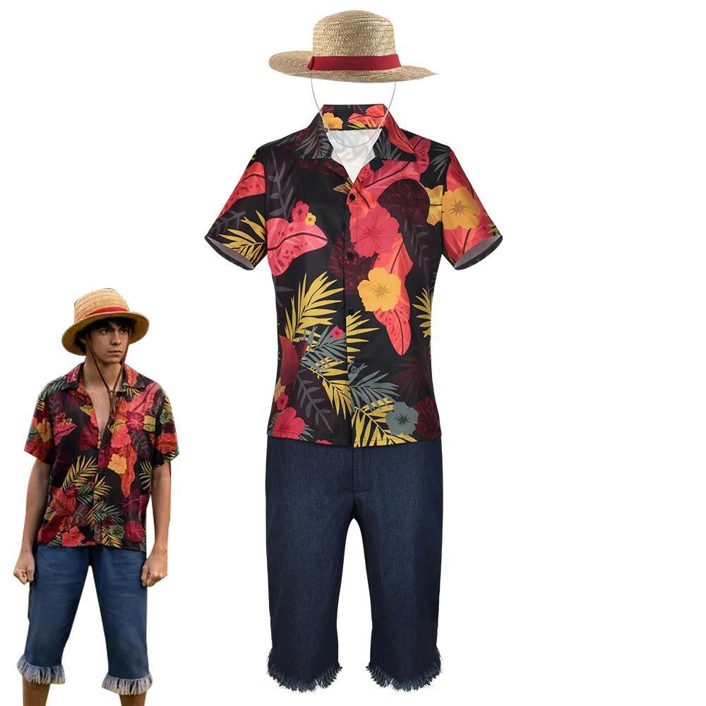 one picece luffy costume live floral shirt Anime Cosplay with straw hat - Pajamasbuy