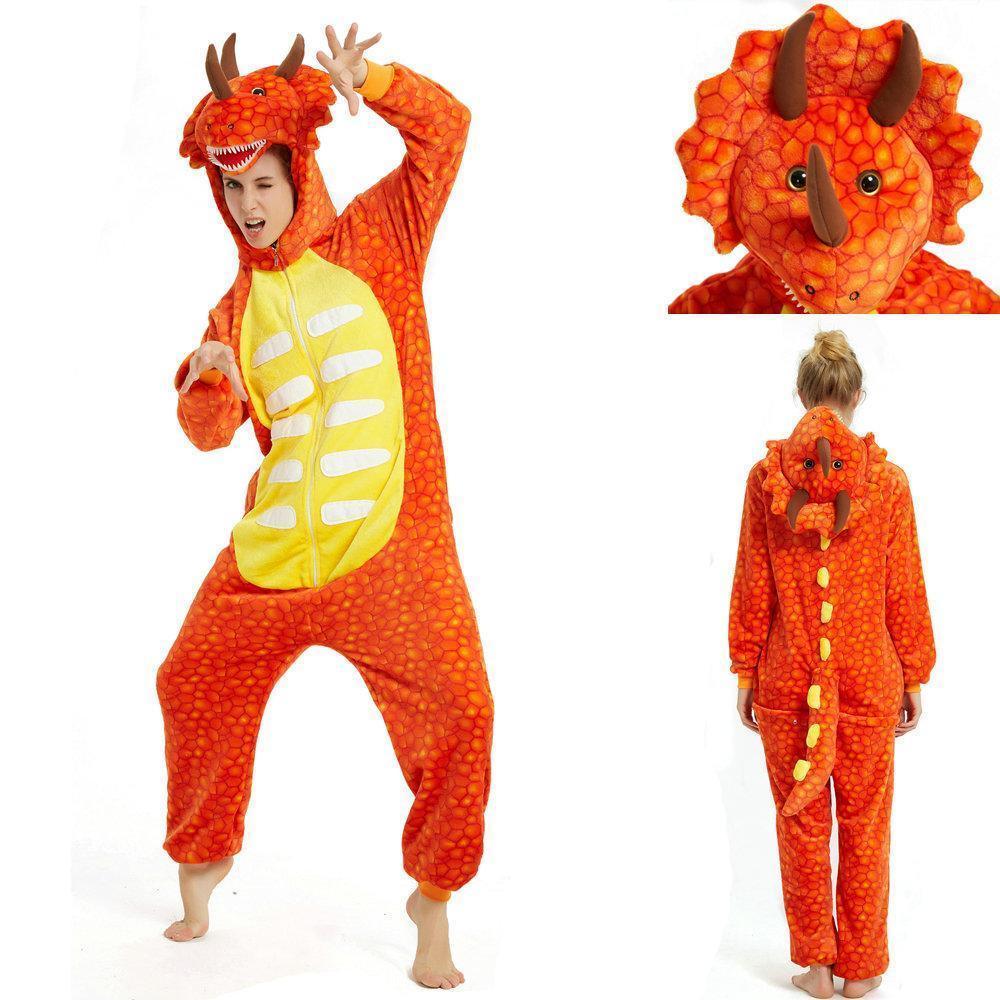 Orange triceratops Dragon Adult Kid Kigurumi Onesies Pajamas Costume - Pajamasbuy