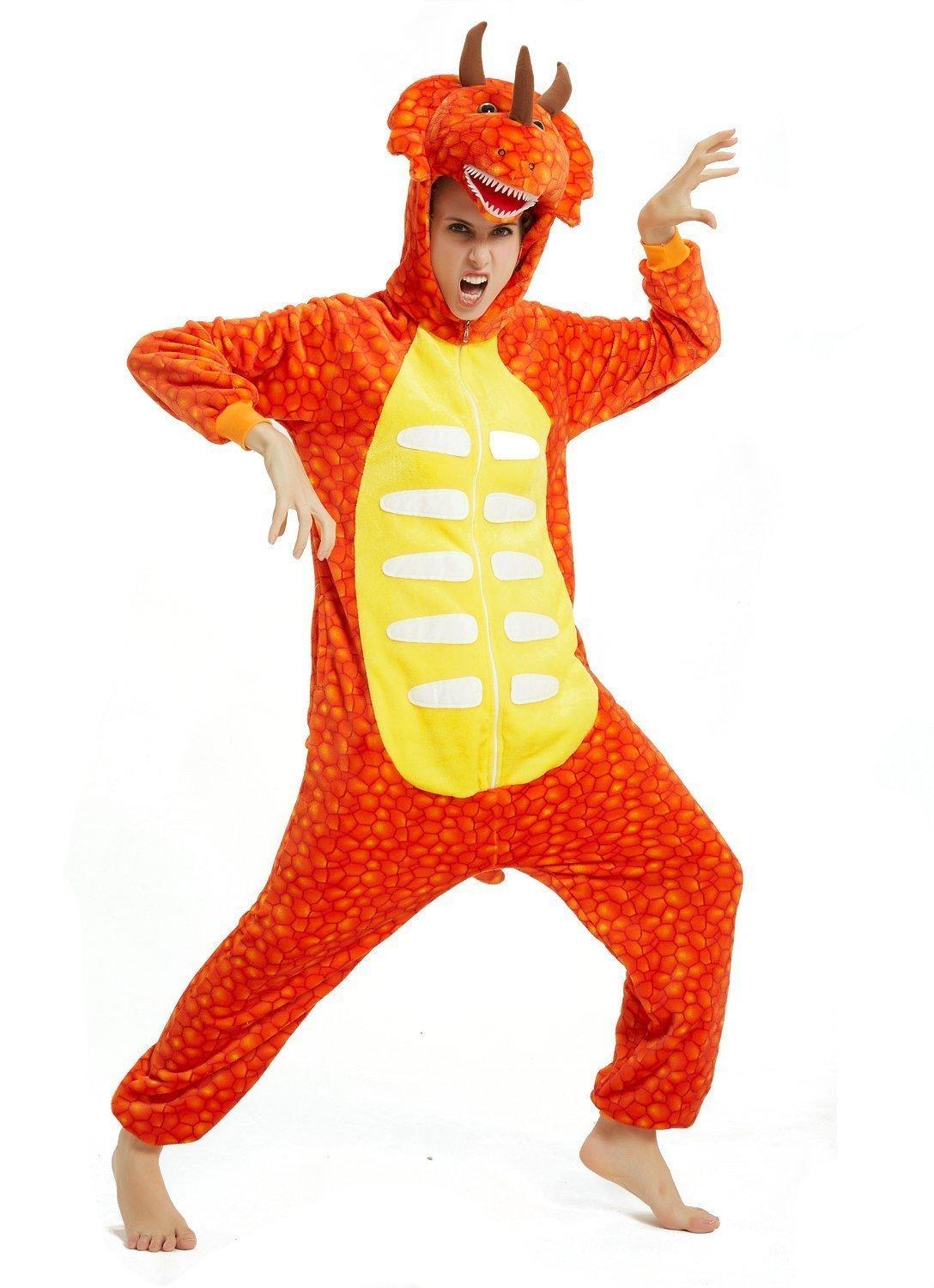 Orange triceratops Dragon Adult Kid Kigurumi Onesies Pajamas Costume - Pajamasbuy