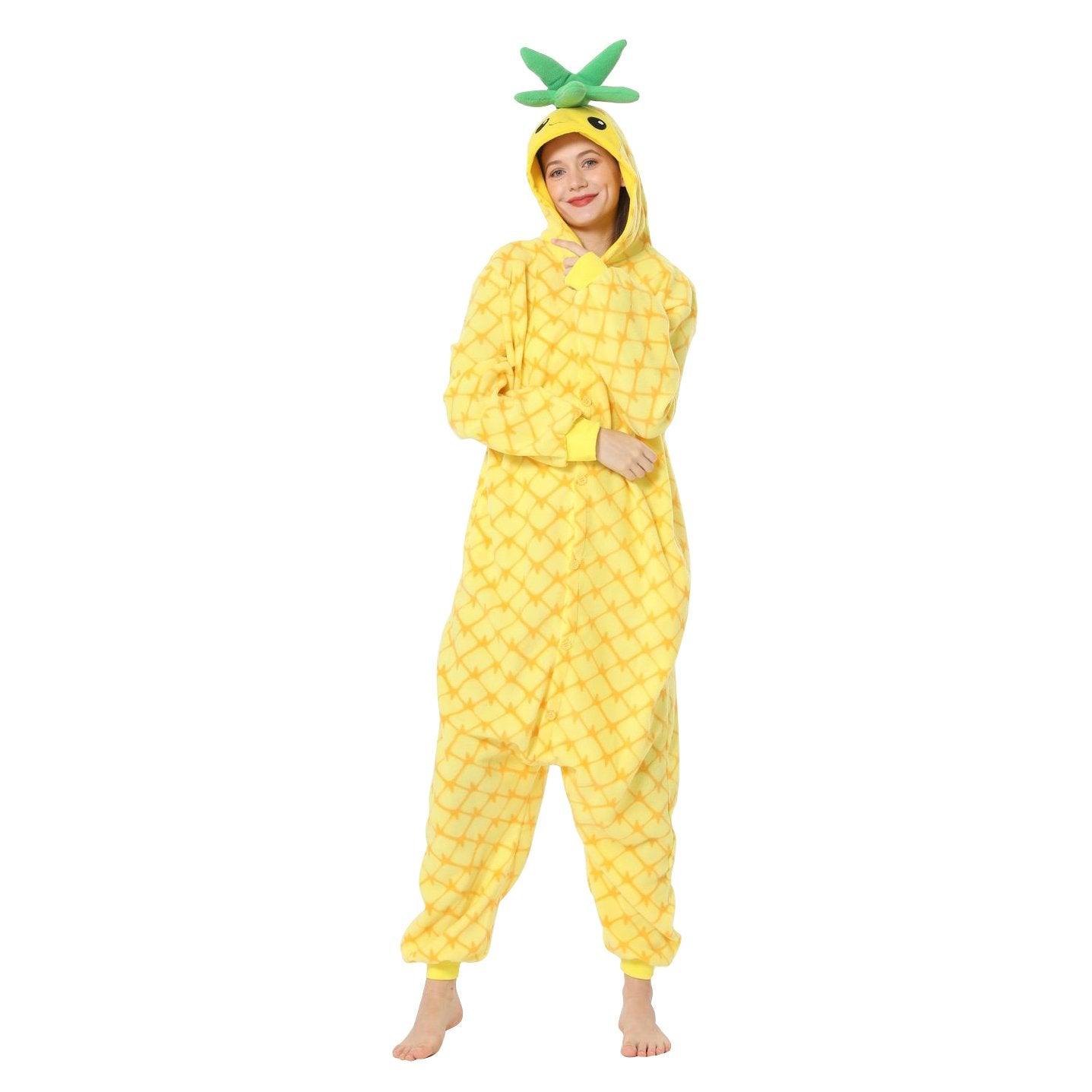 Pineapple Fruit Cartoon Kigurumi Onesies Cozy Fleece Pajamas Costume for Adults - Pajamasbuy