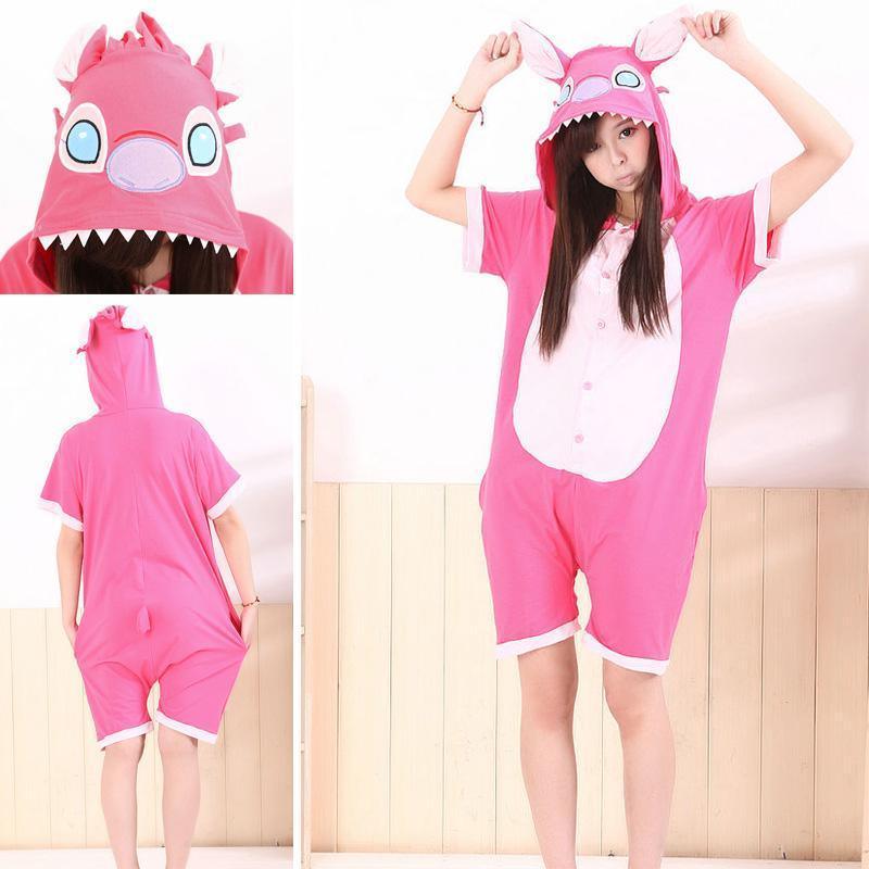 Pink Stitch Pajamas Animal Onesie Hoodie Kigurumi Short Sleeve Costume - Pajamasbuy