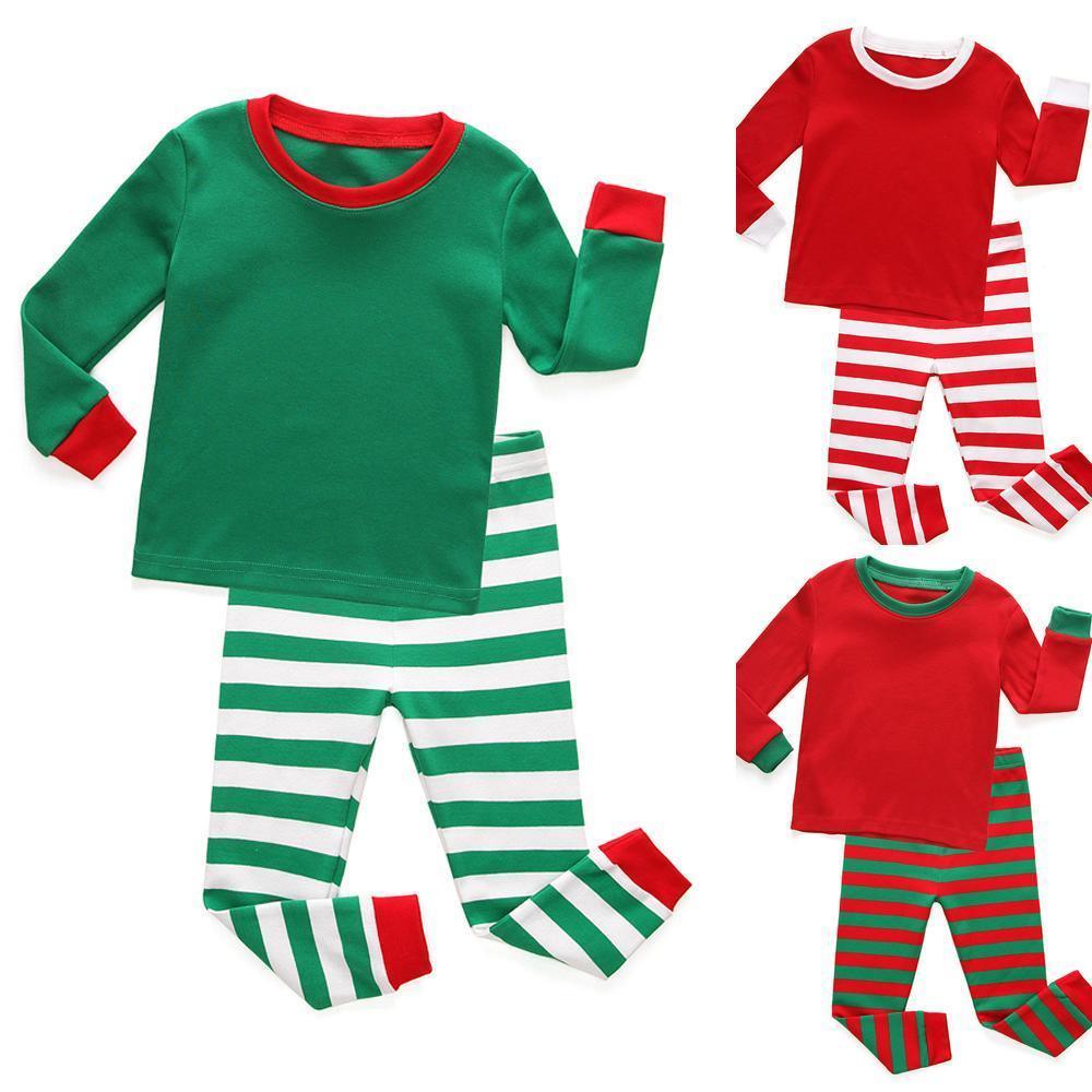 Red Green Christmas Kids Sleepwear Stripes Top Pants Pajamas Set - Pajamasbuy