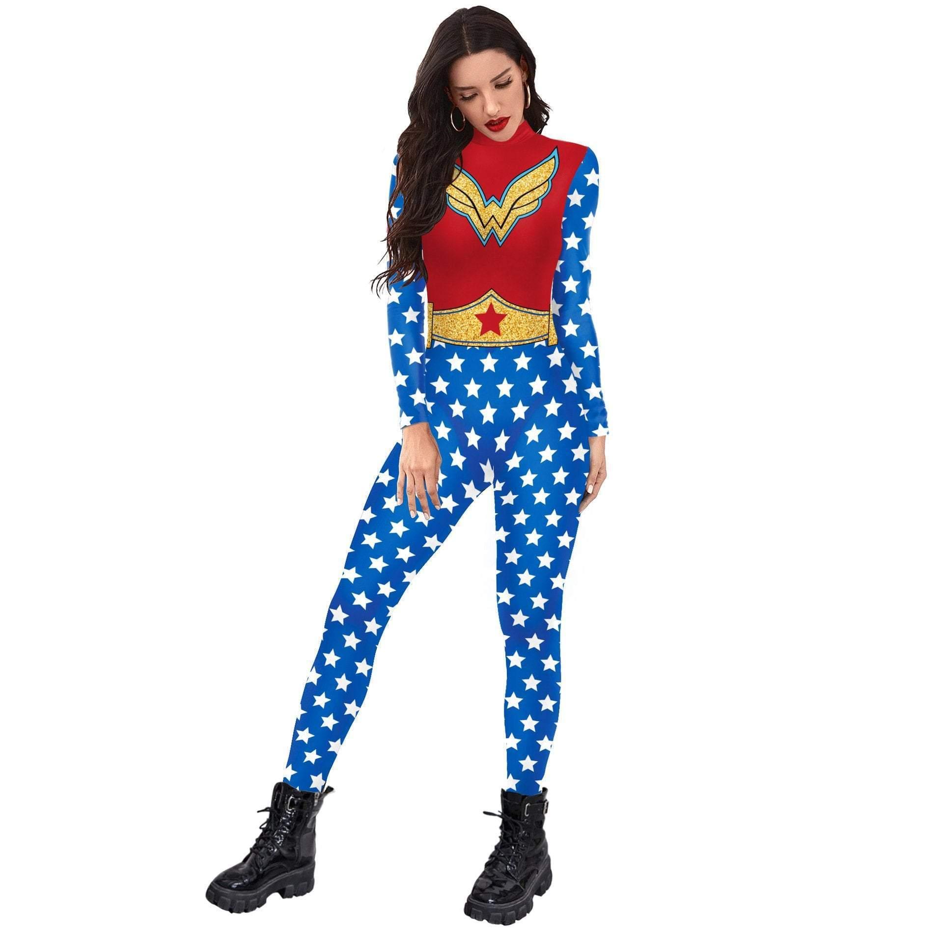 Superhero Wonder Woman Cosplay Costume Halloween Printed Jumpsuit Slim Fit Long Sleeve Party Outfit for Women - Pajamasbuy