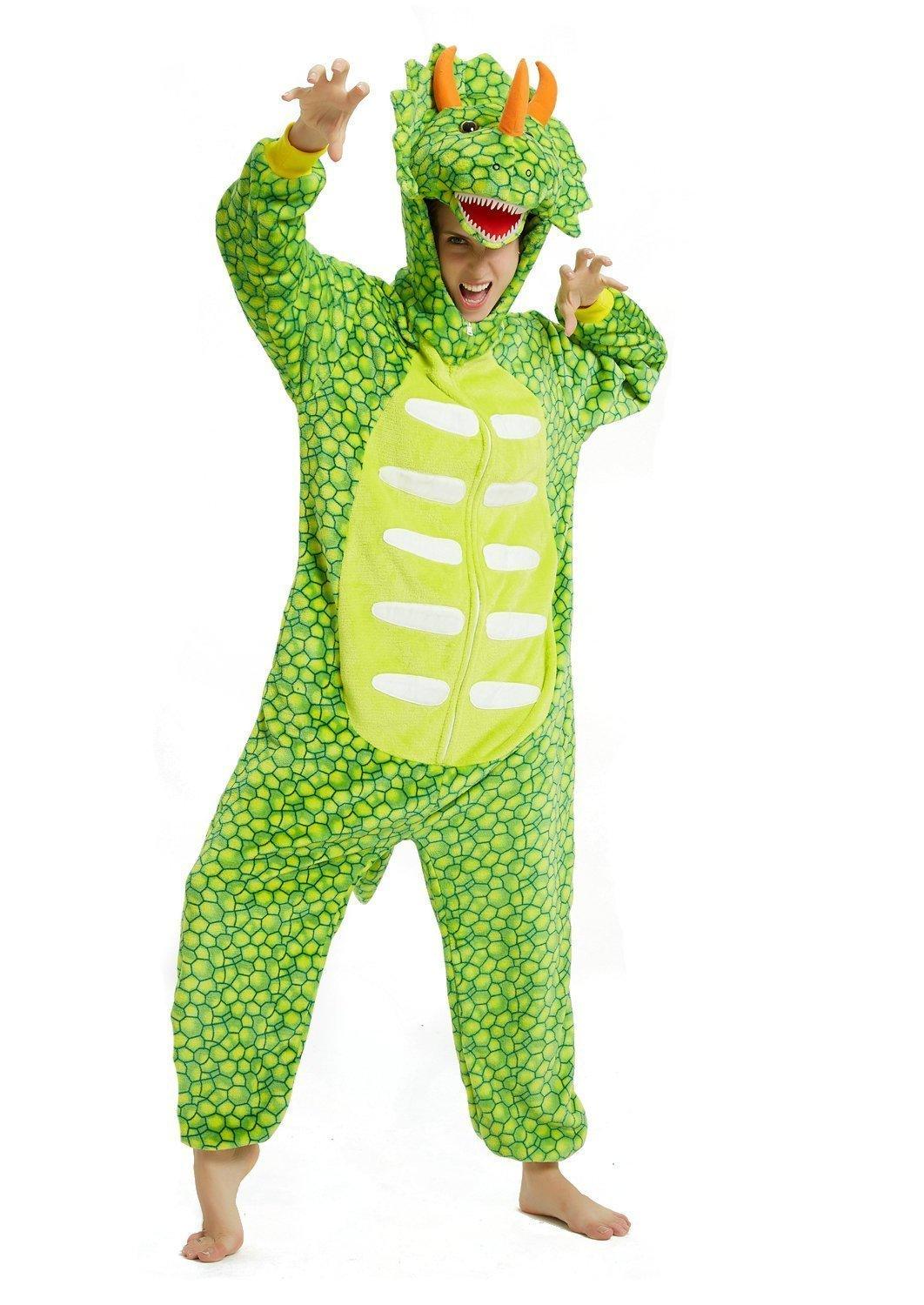 Triceratops Dragon Adult Kigurumi Onesies Pajamas Jumpsuit Animal Costume Light Green - Pajamasbuy