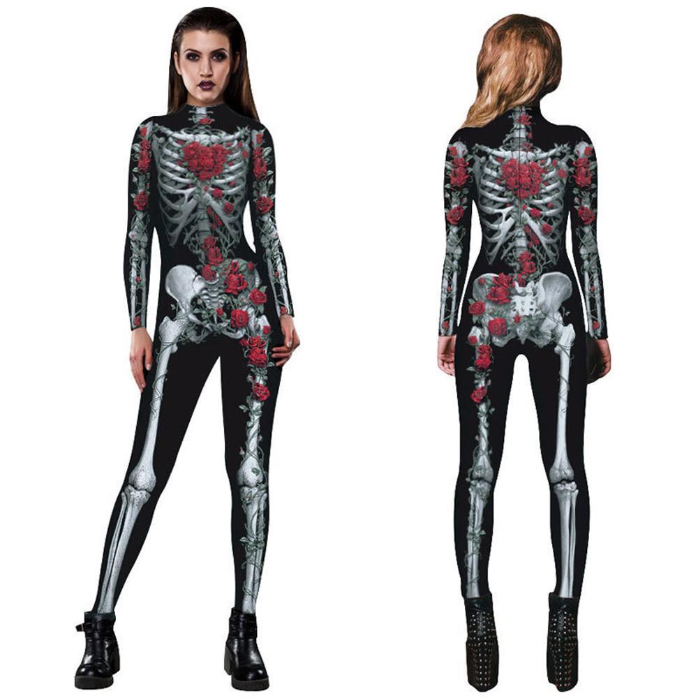 BuyWomen Printed Rose Skull Skeleton Catsuit Halloween Costume Now Cheaper With 3 - 5 Days Ship - PajamasBuy