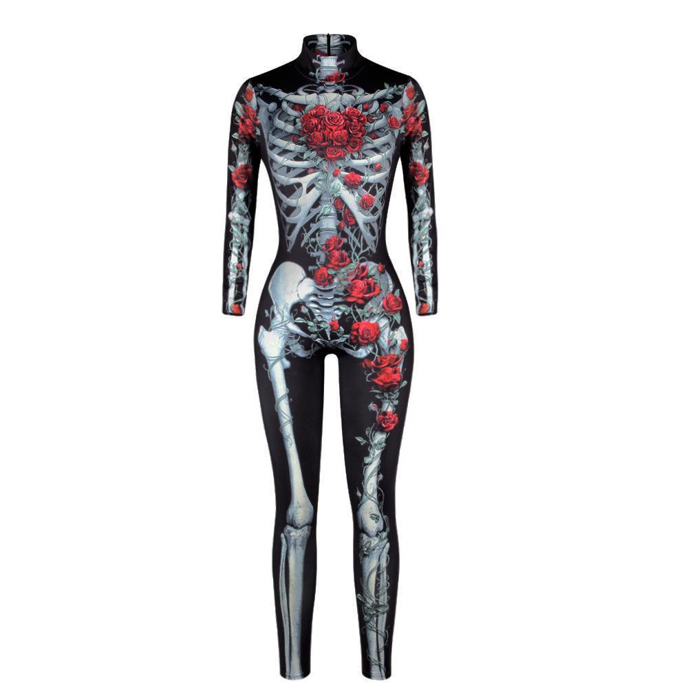 BuyWomen Printed Rose Skull Skeleton Catsuit Halloween Costume Now Cheaper With 3 - 5 Days Ship - PajamasBuy